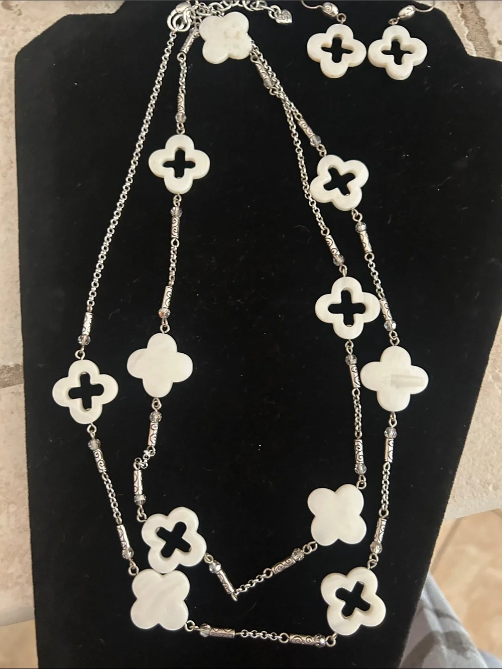 Brighton Silver Chain Necklace with White Clover Motifs